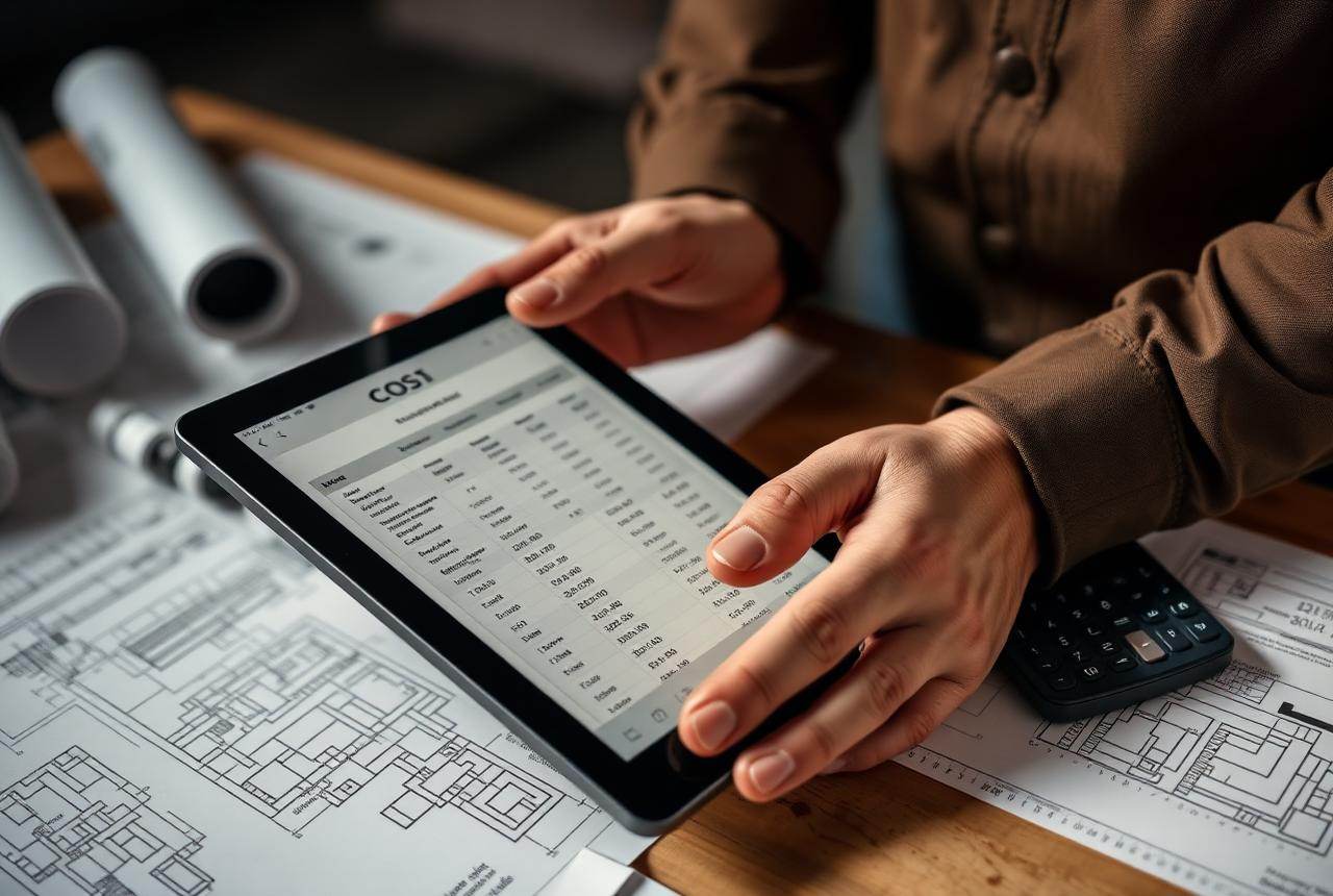 Builder pricing a variation on a tablet beside architectural drawings