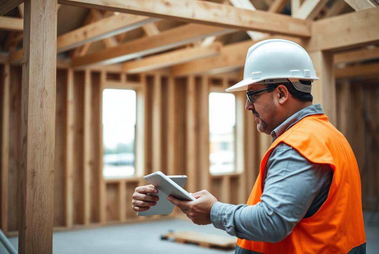 Site manager reviewing project status on a tablet inside a timber-framed build