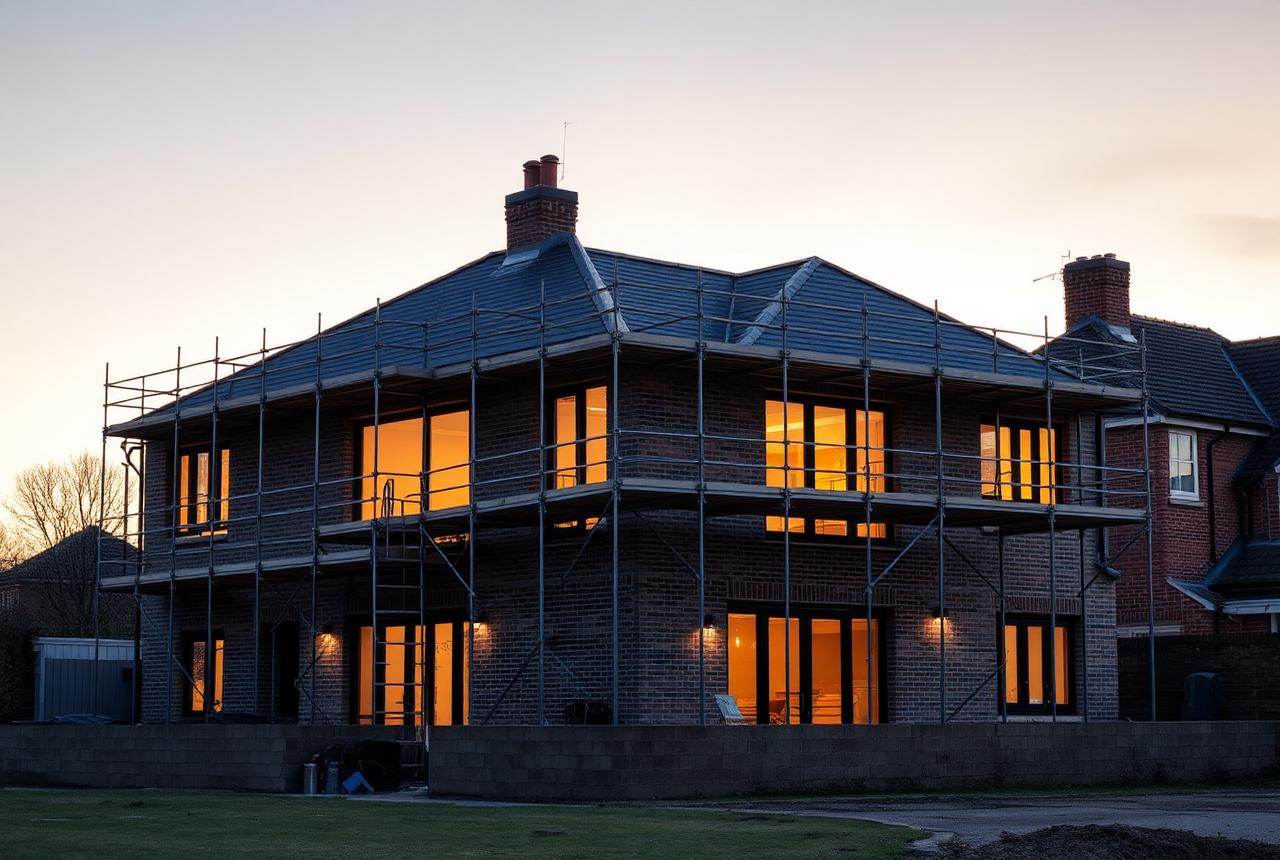 Residential extension under construction at dusk