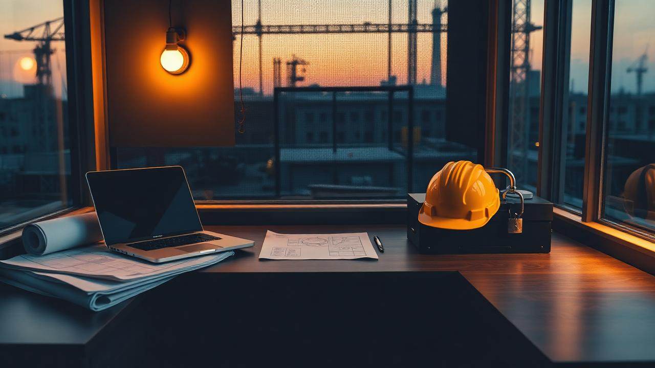 Site office desk at dusk with laptop, drawings, hard hat and a locked box